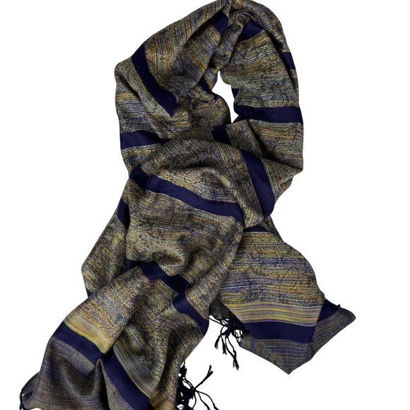 100% Pashmina Woven Scarf 70x27 Navy Multicolor Fringe - Picture 2 of 7